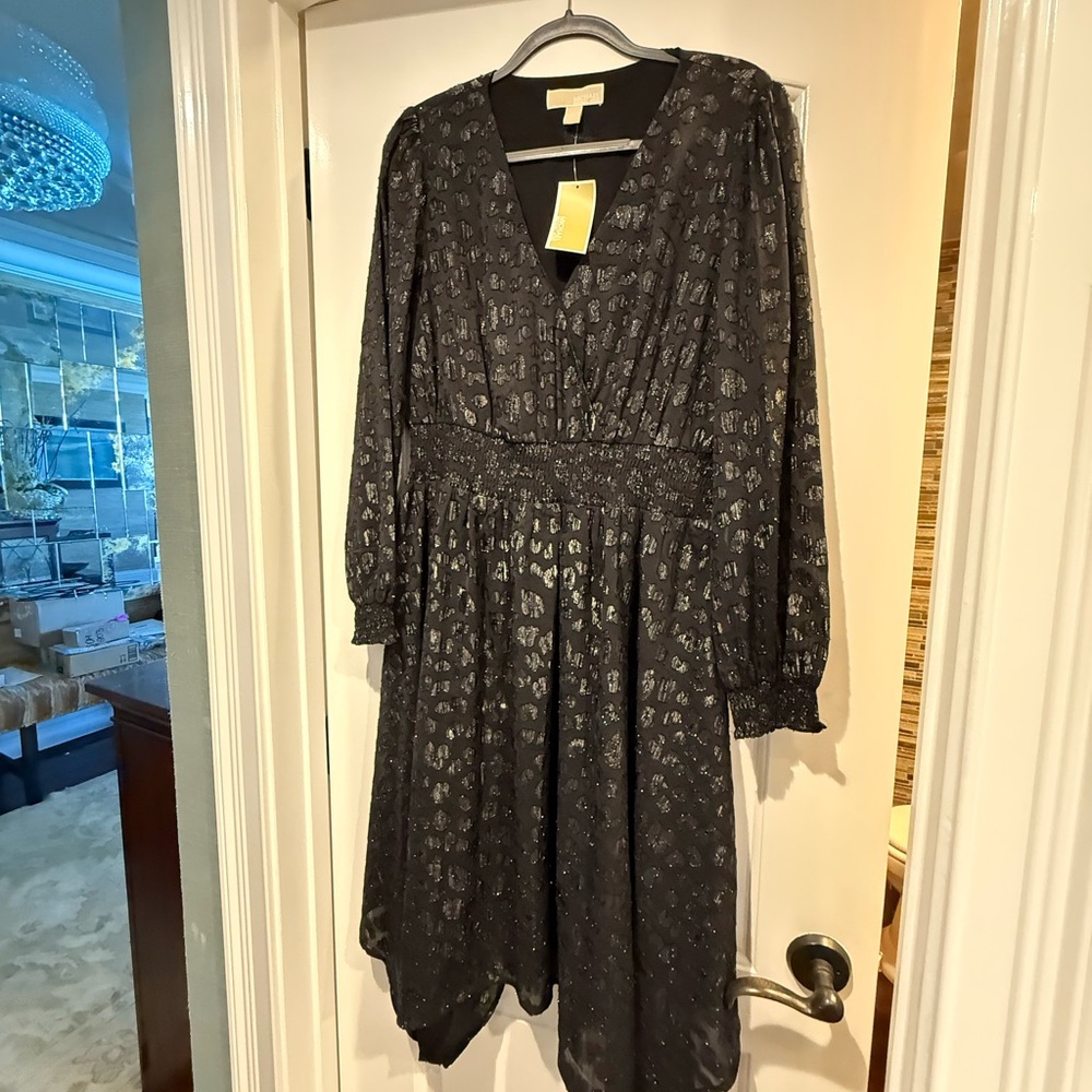 Michael Kors Black Asymmetrical Midi Dress with Bishop Sleeves
